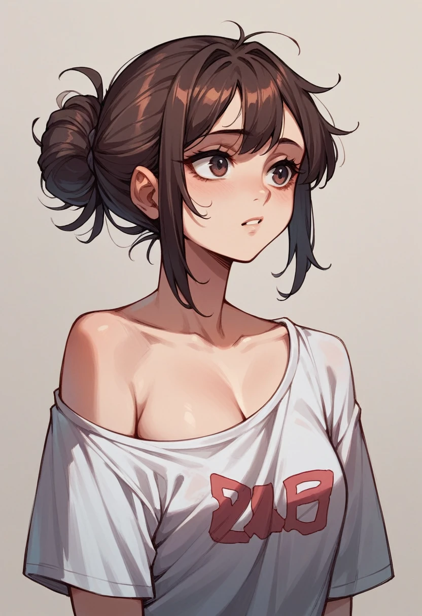 Messy bun, brunette, oversized t shirt, no bra under