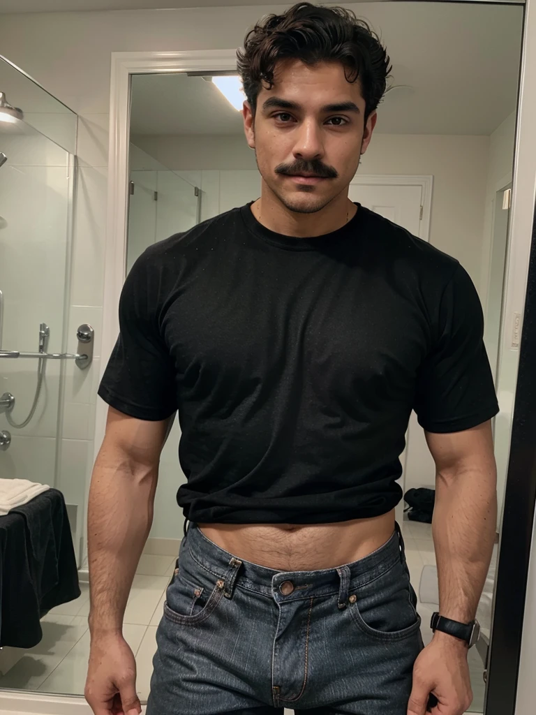 Handsome man , light mustache, hot muscular body , medium curly hair , mirror selfie, best quality like its taken by iPhone 12 , wearing black baggy jeans and black t shirt