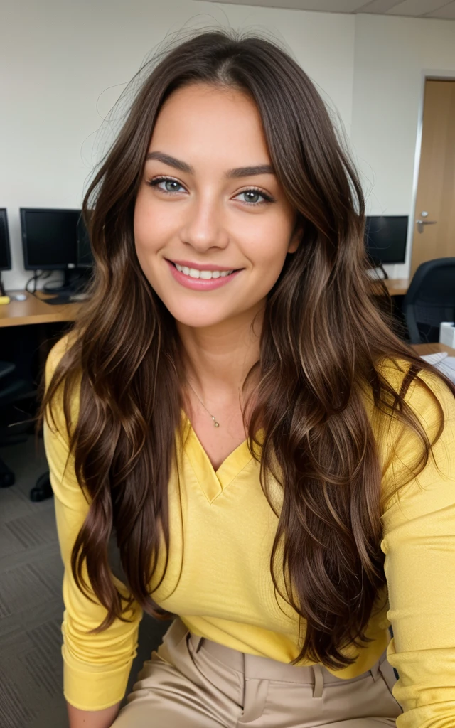smiling, happy, beautiful brunette, sitting at an office desk, smiling wearing a yellow shirt and brown professional trousers, large office with computers, very detailed, 40 years, innocent face, long hair, natural wavy, blue eyes, high resolution, masterpiece, best quality, intricate details, highly detailed, sharp focus, detailed skin, realistic skin texture, texture, detailed eyes, professional, 4k, charming smile, shot on Canon, 85mm, shallow depth of field, kodak vision color, perfect fit body, extremely detailed, foto_\(ultra\), photorealistic, realistic, post-processing, maximum detail, roughness, real life, ultra realistic, photorealism, photography, 8k uhd, photography, busty