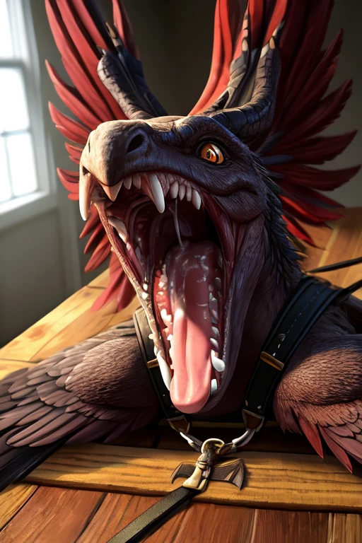 Tiny Dead, feathered wyvern body laying on the table. Wings spread out and Strapped to the table with leather straps. Mouth wide open with no teeth and fangs and tooth, close up. Milk dripping out of mouth splattering onto the table. Photorealistic. Head tied down to the table