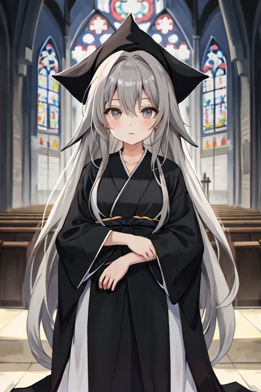 anime girl with long grey hair and grey eyes wearing black church robes