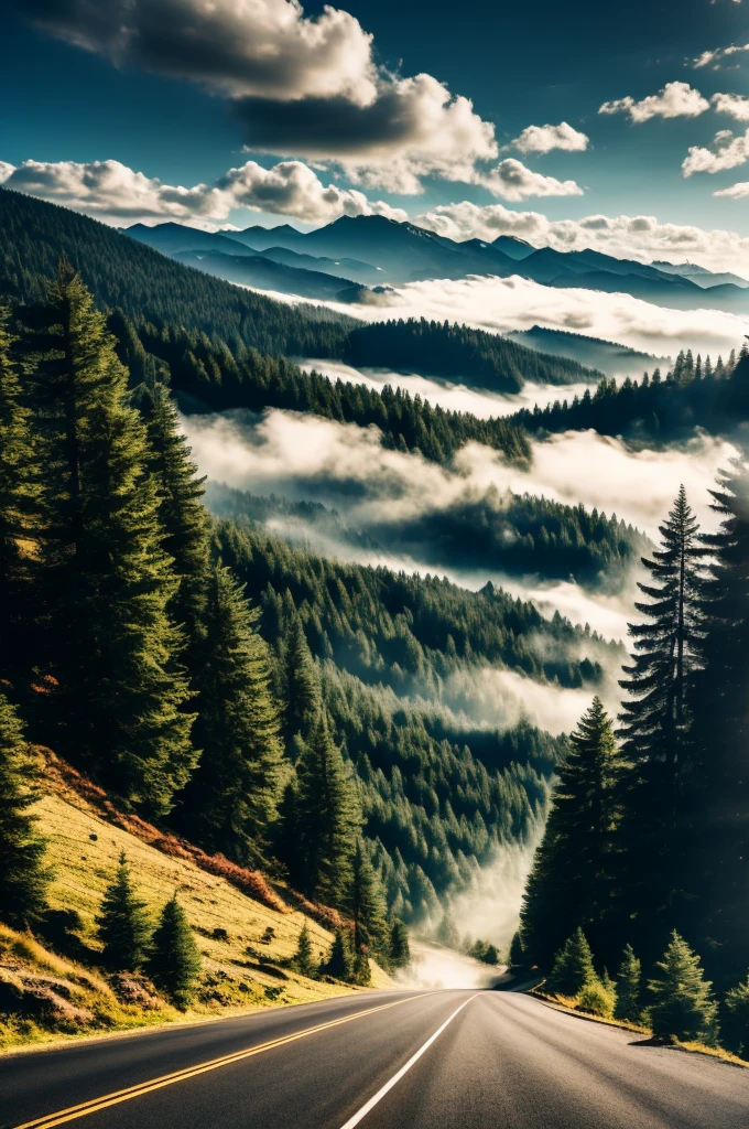 conifer forest misty cloudscapes road mountains