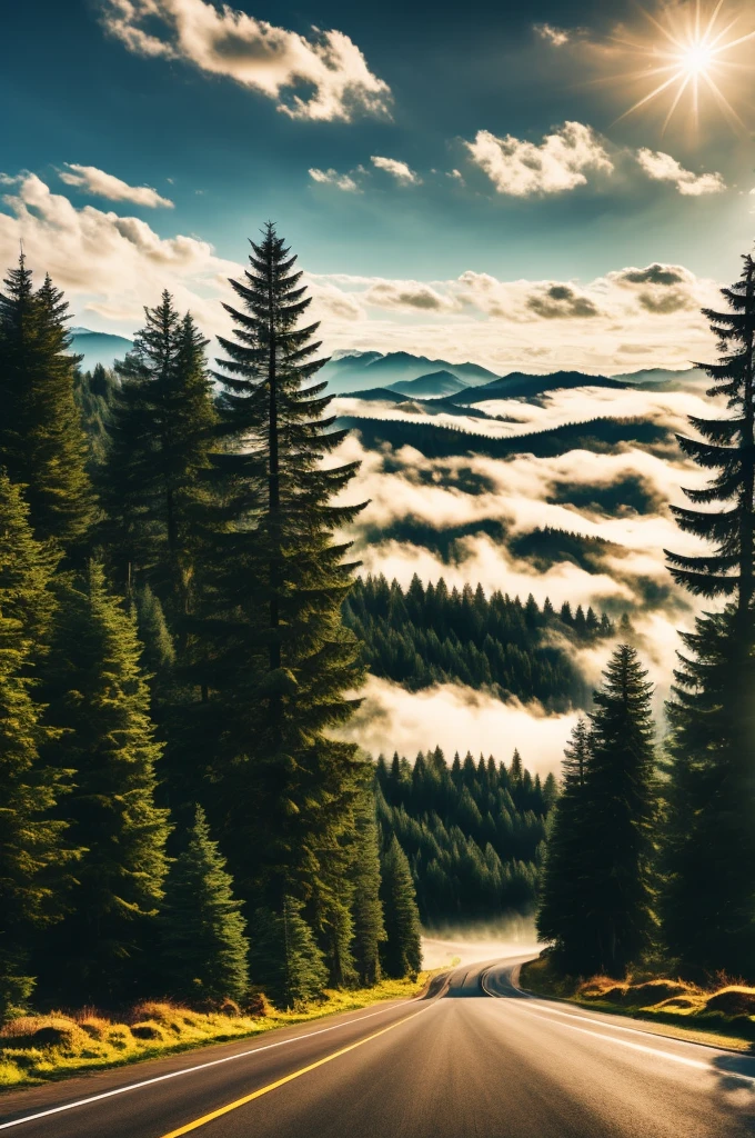 conifer forest misty cloudscapes road mountains