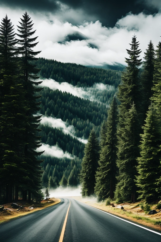 conifer forest misty cloudscapes road mountains