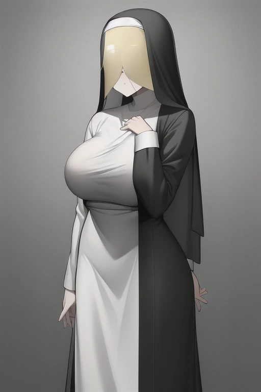 aasister, long hair, nun, habit, white capelet, neck ribbon, (black dress,short dress:1.2), long sleeves, white gloves, full-length zipper,(((huge breasts))),expressionless,,arms behind back,,erect nipple,(((dark room))),church,looking viewer,thigh