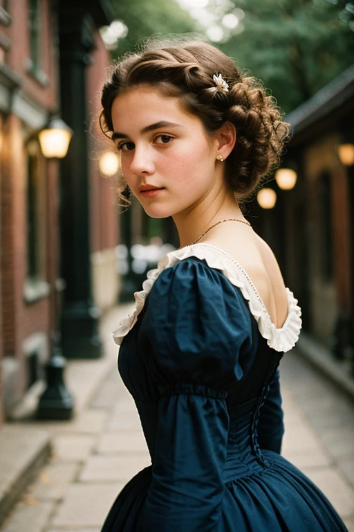 (a closeup of a beautiful -yeld gion a 19th century street in a vintage dress), (Serious:0.5), (Highly detailed face:1.4), ass pov, Nikon D850, film stock photograph, 4 Kodak Portra 400, camera f1.6 lens, saturated colors, hyper realistic, lifelike texture, dramatic lighting, Cinestill 800, 19th-century Victorian style, Evening, Vintage lighting, Medium curly hair