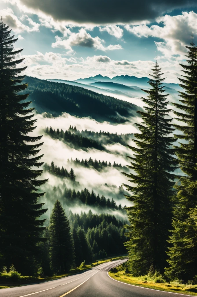 conifer forest misty cloudscapes road mountain clifs