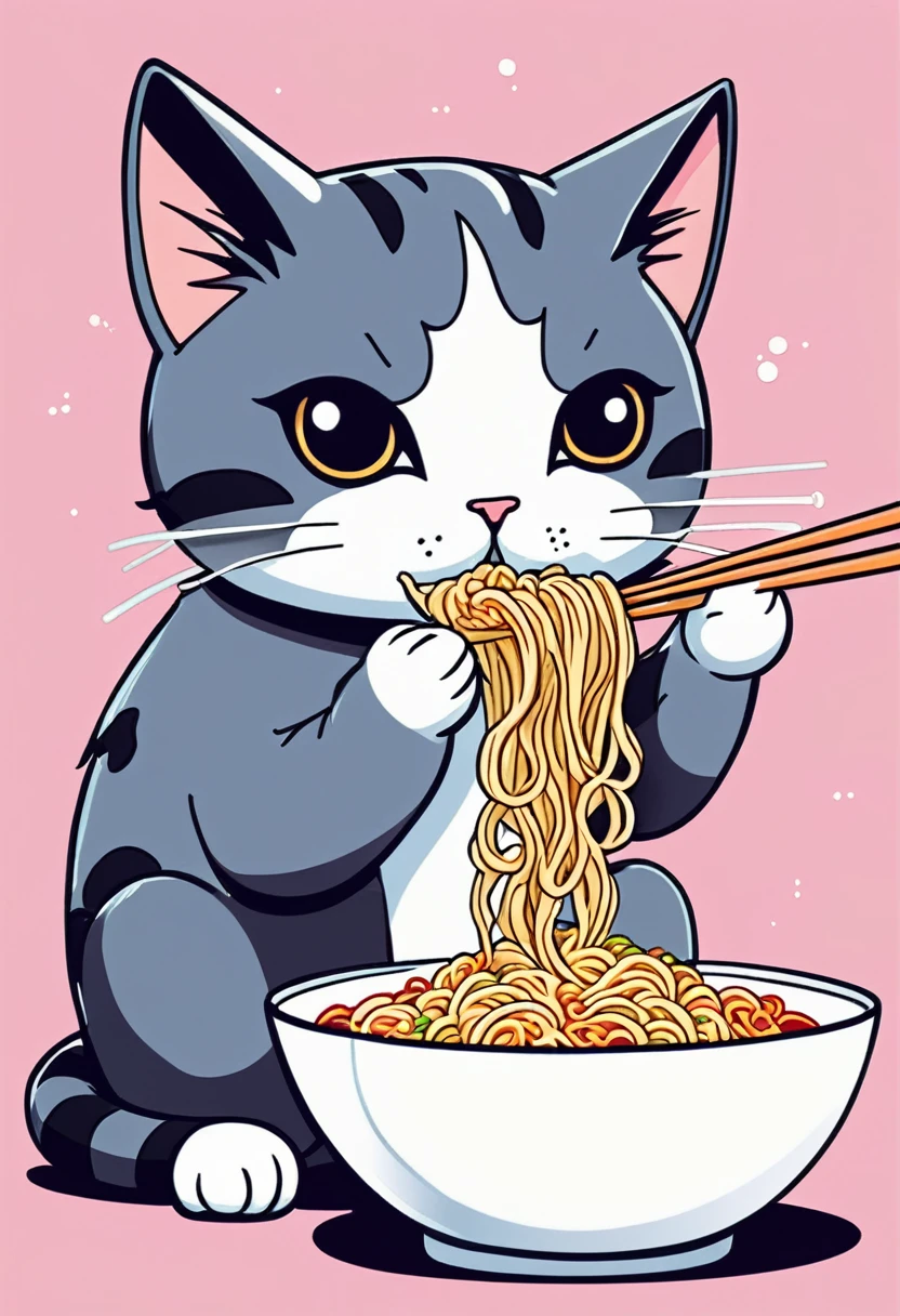 Cat eating instant noodles, manga comics style illustration, oversimplified, simple background