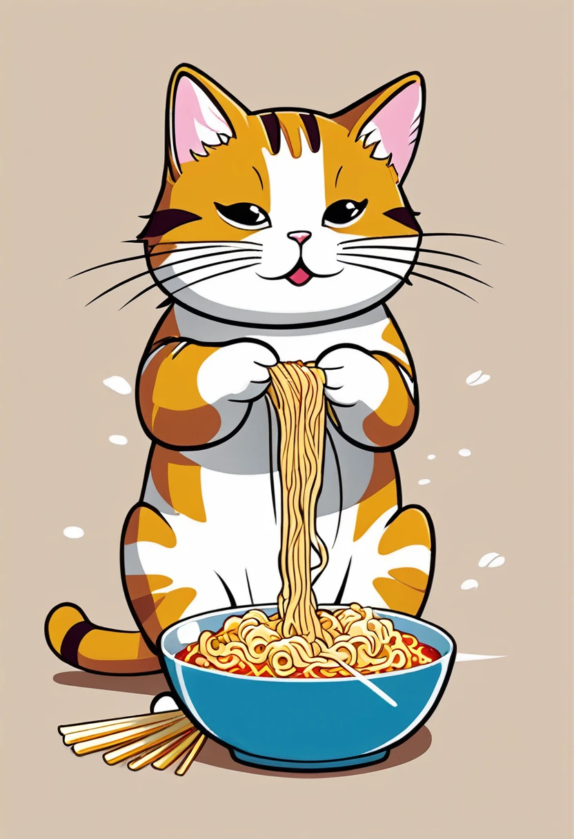 Cat eating instant noodles, manga comics style illustration, oversimplified, simple background