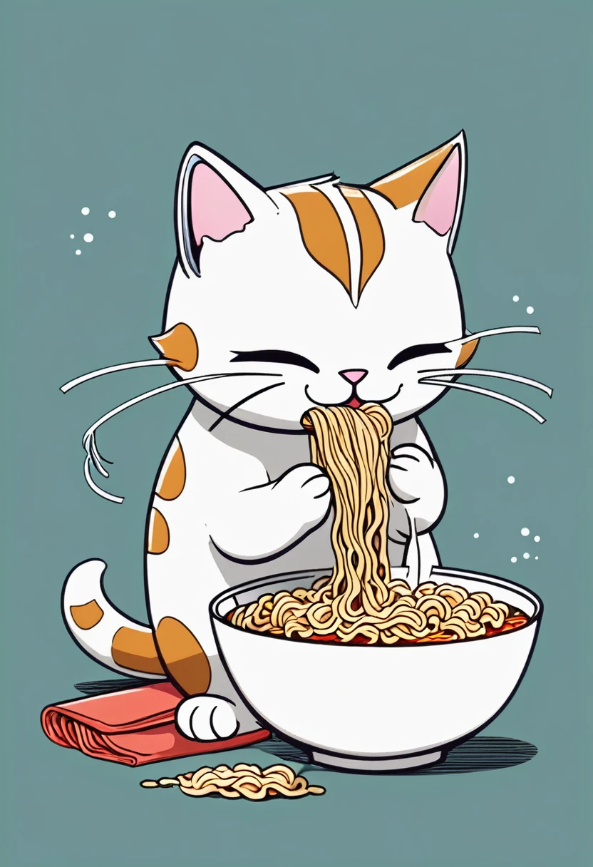 Cat eating instant noodles, manga comics style illustration, oversimplified, simple background