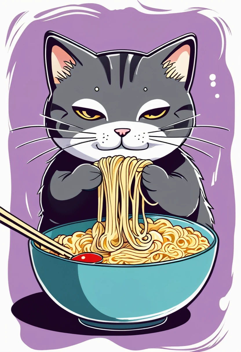 Cat eating instant noodles, manga comics style illustration, oversimplified, simple background