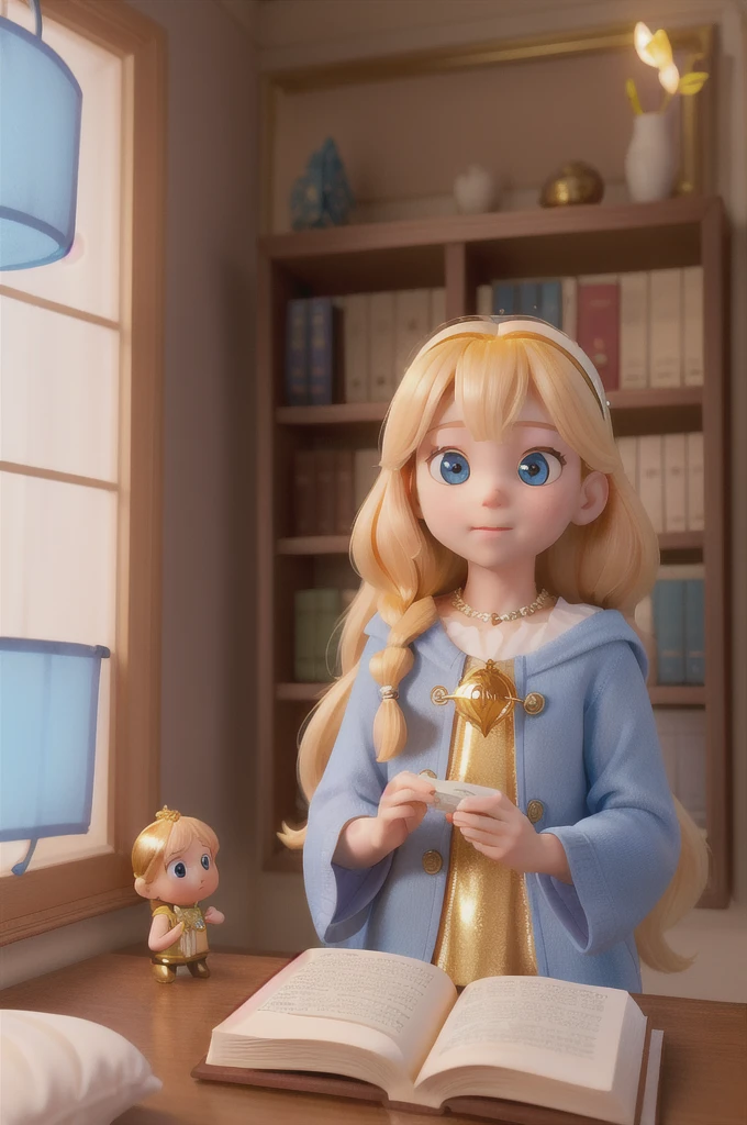 there is a with golden hair with beautiful and big brown eyes with white sparkles, she is in her room, while she is holding a book with a golden cover, she is sitting on the bed, and from the book emanates a golden light (( the book is magic)) the blue light emanates from the pages of the book, ((the blue light reflects on the little girl's face)), the book is color golden, is night and the only light is light from book((,particelle multiple shiny light from book)) ((fluo golden light from pages book)) long hair, she is a 6 years, ((she is in the library)) in the library she is already holding a book that shines in gold, is night and next here it was a widnow with rain