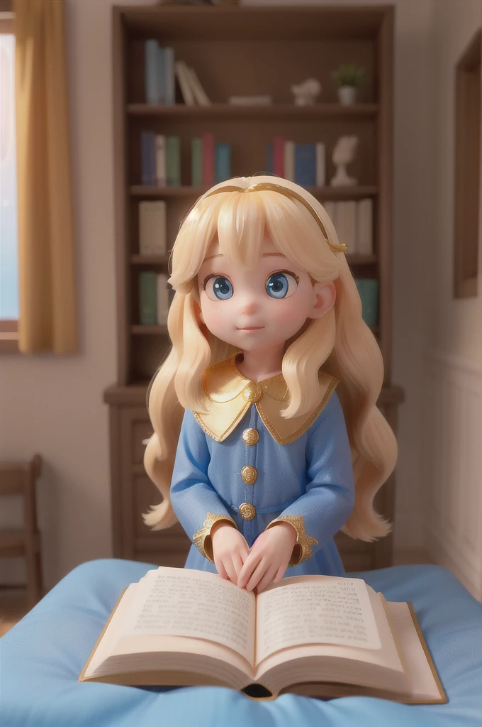 there is a with golden hair with beautiful and big brown eyes with white sparkles, she is in her room, while she is holding a book with a golden cover, she is sitting on the bed, and from the book emanates a golden light (( the book is magic)) the blue light emanates from the pages of the book, ((the blue light reflects on the little girl's face)), the book is color golden, is night and the only light is light from book((,particelle multiple shiny light from book)) ((fluo golden light from pages book)) long hair, she is a 6 years, ((she is in the library)) in the library she is already holding a book that shines in gold, is night and next here it was a widnow with rain