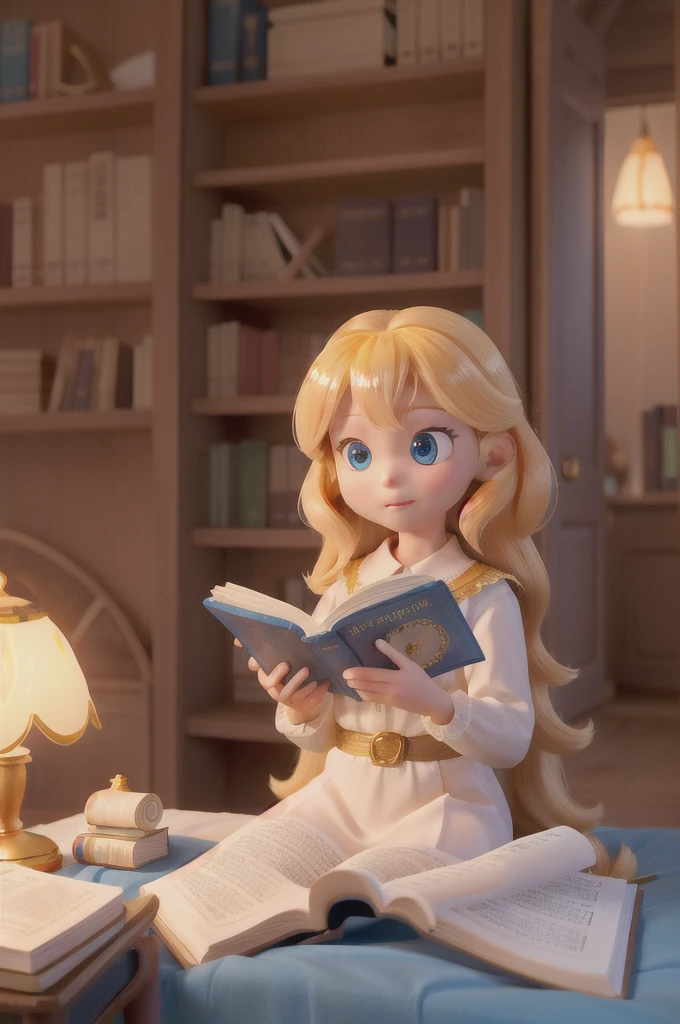 there is a with golden hair with beautiful and big brown eyes with white sparkles, she is in her room, while she is holding a book with a golden cover, she is sitting on the bed, and from the book emanates a golden light (( the book is magic)) the blue light emanates from the pages of the book, ((the blue light reflects on the little girl's face)), the book is color golden, is night and the only light is light from book((,particelle multiple shiny light from book)) ((fluo golden light from pages book)) long hair, she is a 6 years, ((she is in the library)) in the library she is already holding a book that shines in gold, is night and next here it was a widnow with rain