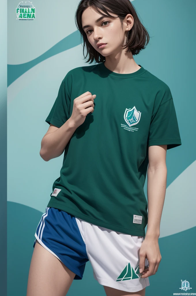 Gola: Redonda com detalhes em verde e azul.
Mangas: Mangas brancas com finas listras horizontais em verde e azul.
Federation logo: The emblem of the Auroral Football Federation (FAF) no lado esquerdo do peito.
Number: Number em verde no centro da frente da camisa e nas costas, with a small Aurora flag below the number on the back.
standard: Discreet blue wave pattern on lower front of shirt, representing the Atlantic Ocean.