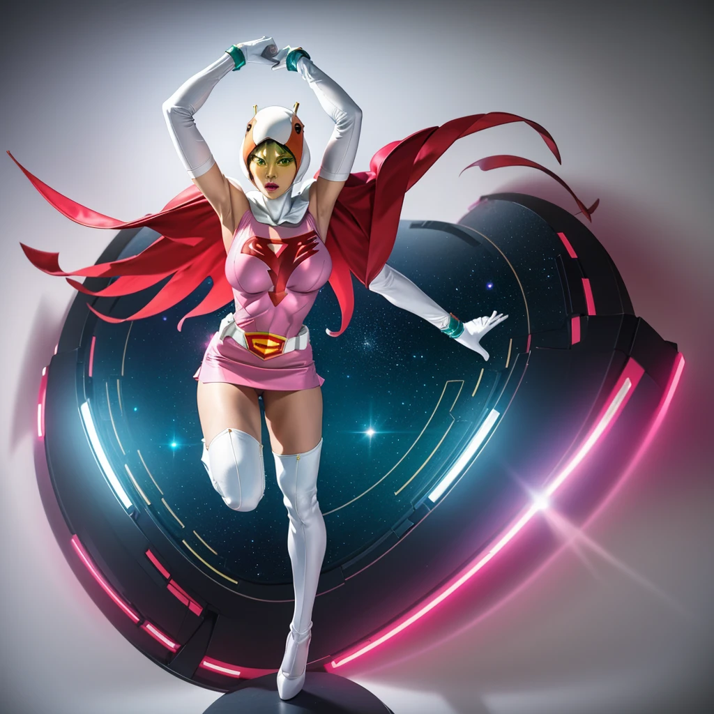 ANI_CLASSIC_jun_gatchaman_ownwaifu,1girl, ,good anatomy, masterpiece, best quality,realistic, hyperrealistic, 16k hdr,breasts,green eyes,lips,large breasts,lipstick,makeup,gloves,cape,helmet,belt,elbow gloves,white gloves,mask,ultra miniskirt,leotard,spacesuit,white tight overknee highheels boots,pink dress,superhero,bodysuit,cleavage,erected nipples,((jumping poses,arms up straight)),cameltoe