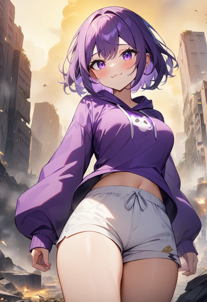 1girl, :3, medium breasts, puffy short hair, purple hair, purple eyes, purple hoodie, white shorts, destroyed city, yellow smog, masterpiece quality, ultra HD, 4K, best quality, 