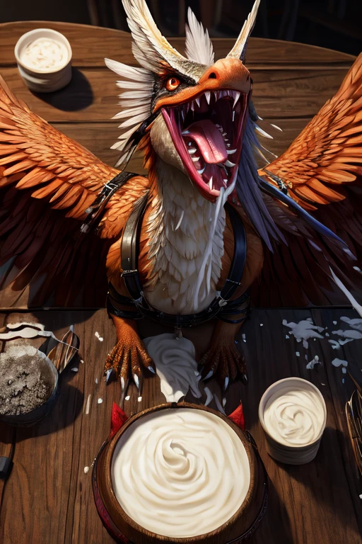 Tiny Dead, feathered wyvern body laying on the table. Wings spread out and Strapped to the table with leather straps. Mouth wide open with no teeth and fangs and tooth, close up. Milk dripping out of mouth splattering onto the table. Photorealistic. Head tied down to the table. Milk splatter everywhere