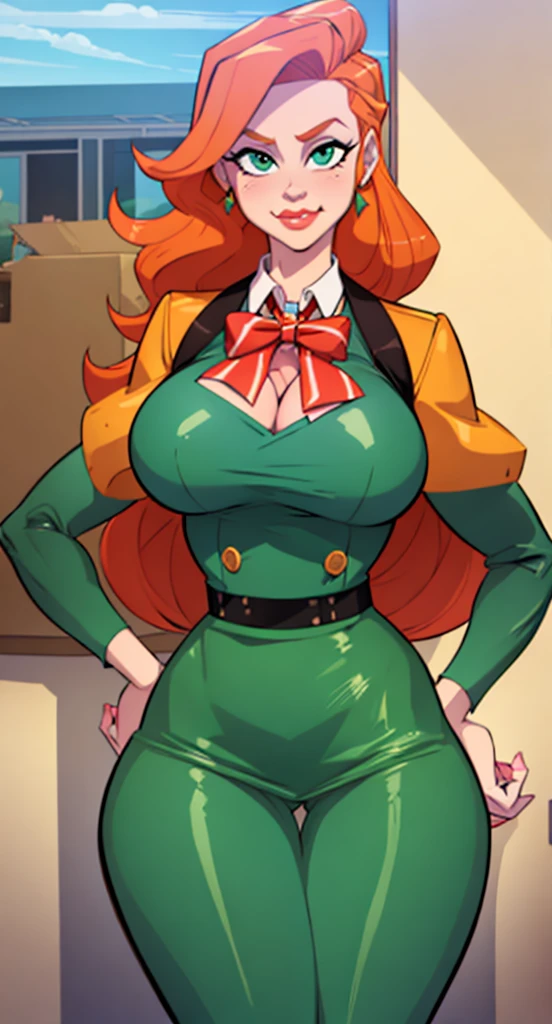 1 girl, stewardess, best quality, Masterpiece, cowboy shot, orange hair, green eyes, tight cloth, pencil skirt, ((( huge fake breasts：7.9 )))