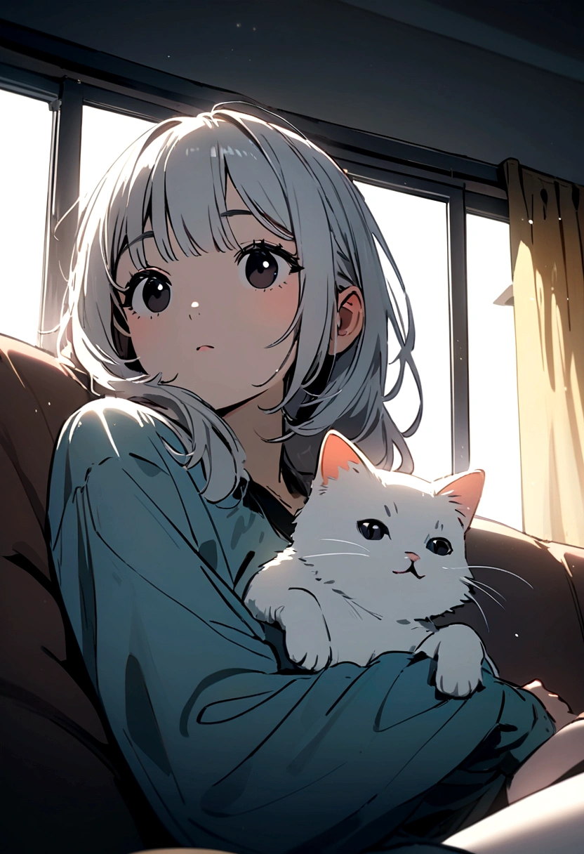 Cute white cat with round black eyes, On the sofa , Sunlight outside the window.