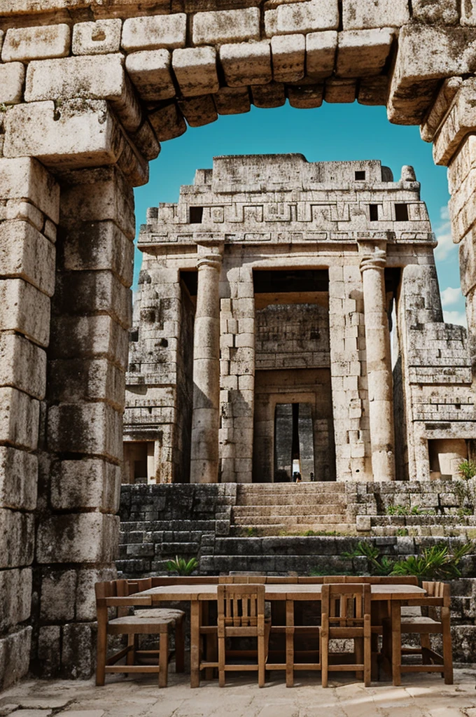 Mural de chichen itza con unos mestizos