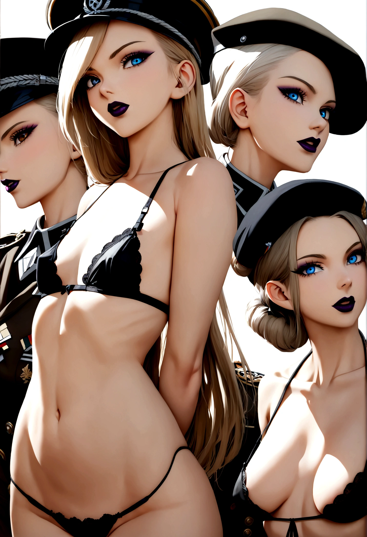 Create an image of the most stunningly beautifully WWII German SS elite women, Stunningly gorgeous beautiful perfect face, long luscious eyelashes, black eyeliner, perfect makeup, lipstick, vibrant sapphire eyes, perfect smooth skin, long platinum blonde hair, flat breast, perfect slim body figure, bdsm lingerie, seductive pose, WWII German SS Elite Officer HAT Officer Army leather Visor Crusher Cap Black,