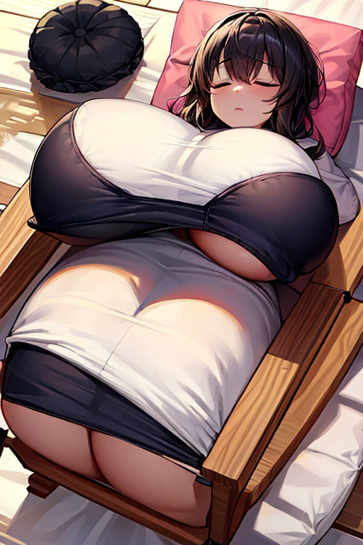 Ultra HD、Ultra high definition、Noise Reduction、perfection、Image quality adjustment、balance、girl、pajamas、Camel Toe、Giant tit、Nipple Puffs、Cleavage、Plump、Super big breasts、Super big butt、Bubble butt、(Weakness、sleep、Prone、Boob pillow:1.8)、