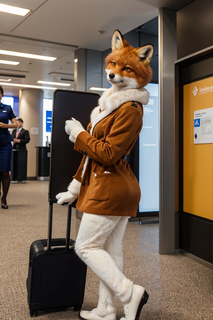 masterpiece, Best quality, furry antropomorph fox dressed in passenger check-in manager uniform