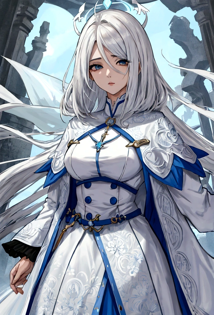 mulher de anime, cabelos brancos com pontas azuis, vestes azuis com branco, estilo atack on titan