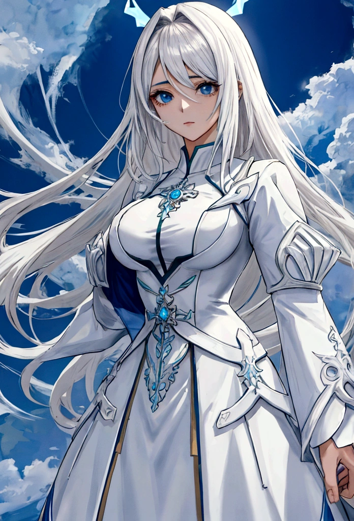mulher de anime, cabelos brancos com pontas azuis, vestes azuis com branco, estilo atack on titan