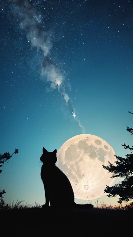 One big full moon、black cat、A fantastic atmosphere、shooting star