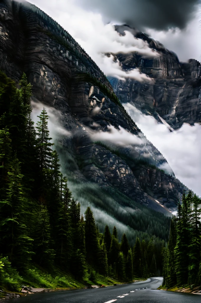 conifer forest misty cloudscapes road mountain clifs