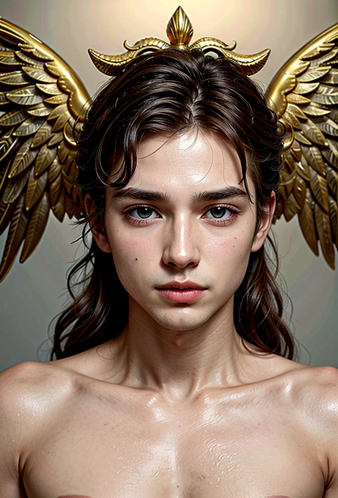 Homem romano realista beleza masculina nariz fino labios carnudos queixo qyadrado diamante. With angel wings on golden heads