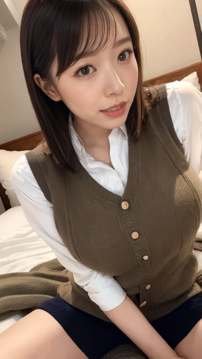 a beautiful Japanese woman who has big breast is sitting with knees up on bed, spread legs, and wearing Knit vest. Her posture is relaxed yet poised. (from below:1.3) (looking down, watching at Viewer:1.3) (orgasm face:1.5)