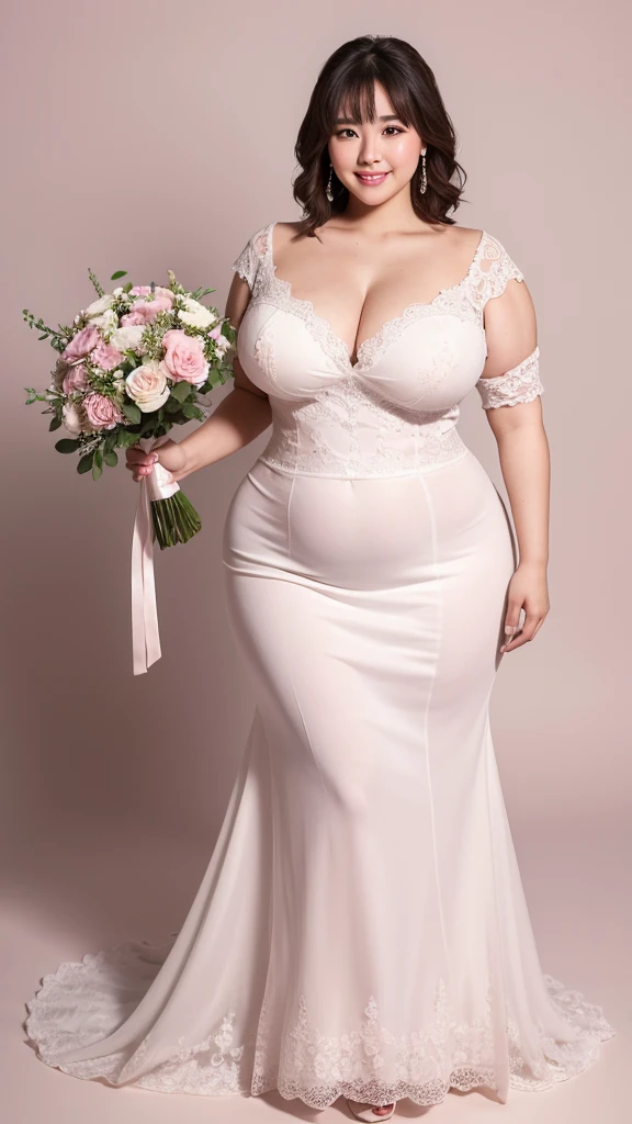 8k, ultra-high resolution, highest quality, masterpiece:1.2), ultra-realistic, (realistic, photorealistic:1.37), (realistic skin:1.2), ultra-detailed, Canon EOS RP, 8k, Korean mature woman, smiling,(((super obese))), (((super curvy,))) ((super voluptuous,)) adult model, (standing still), ((full body shot)), thick ankles, (short hair), (empty space), (pale pink background only),(wedding dress), (bouquet),