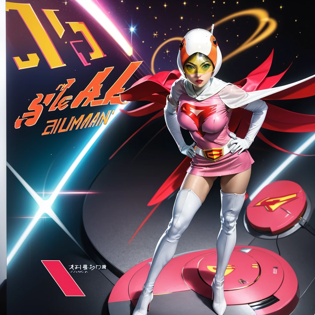 ANI_CLASSIC_jun_gatchaman_ownwaifu,1girl, 15 years old,good anatomy, masterpiece, best quality,realistic, hyperrealistic, 16k hdr,breasts,green eyes,lips,large breasts,lipstick,makeup,gloves,cape,helmet,belt,elbow gloves,white gloves,mask,ultra miniskirt,leotard,spacesuit,white tight overknee highheels boots,pink dress,superhero,bodysuit,cleavage,erected nipples,((stand pose,hands on hip)),cameltoe