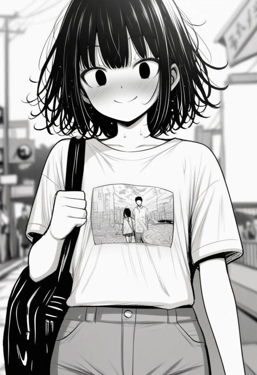 masterpiece, best quality, 1girl, mamerakkkkko, grayscale, manga style, japanese, chi no wadachi, black eyes, street, iced, black hair, schoolbag, smile, lineart, white background, white shirt, grey shorts, centered