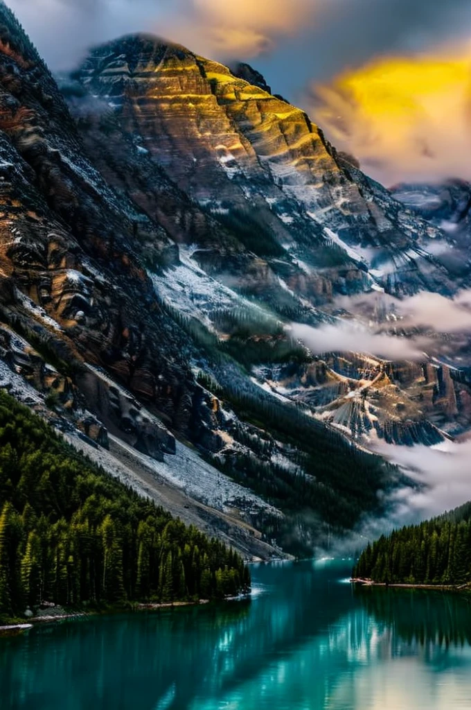 mountainous_horizon conifer forest misty cloudscapes road mountain cliffs
