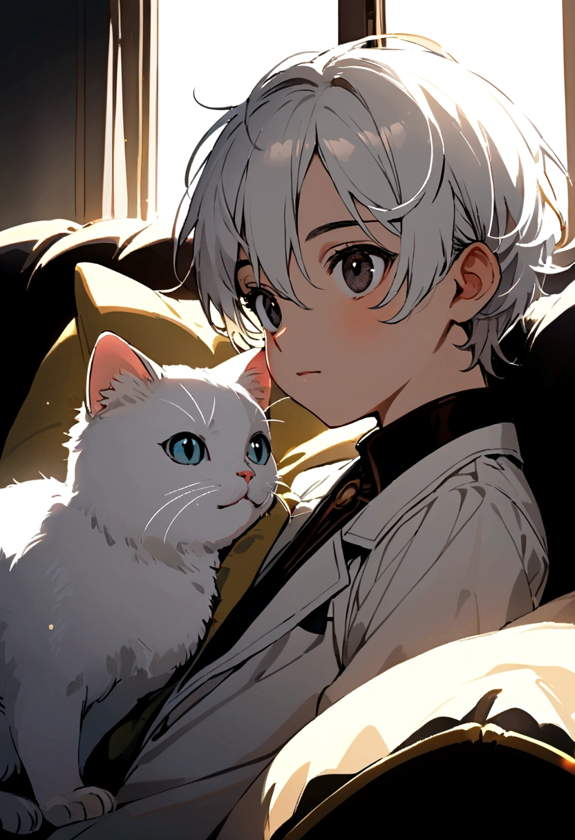 Cute white cat with round black eyes, On the sofa , Sunlight outside the window.male