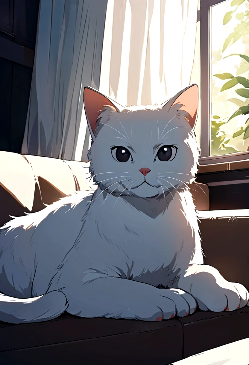 Cute white cat with round black eyes, On the sofa , Sunlight outside the window.male