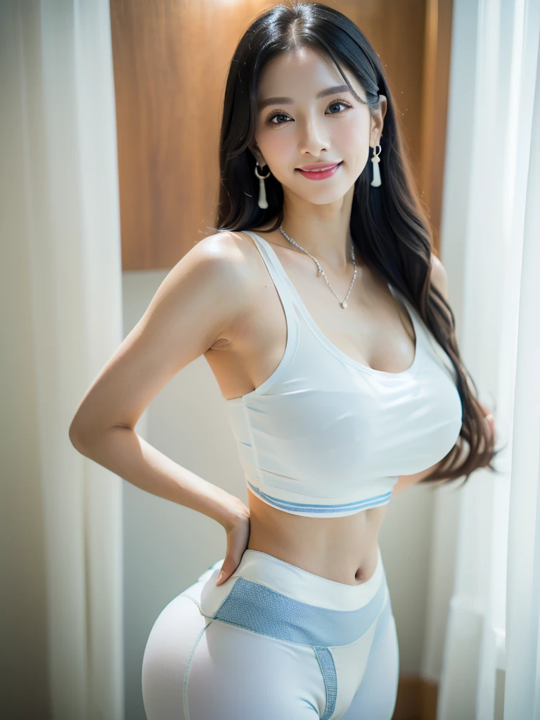 (1 girl), national foundation, (hotel background), ((32k, raw, masterpiece: 1.5)), (Professional photography, sharp:1.2), Perfect dynamic composition, (Natural sun light), (soft shadow), (Perfect body:1.4), (((skinny figure))), ((huge round breasts: 1.4)), (((huge round buttock: 1.5))), (((((black long hair))))), ((Ultra-detailed faces and skin)), perfect asian, White skin, (Delicate skin:1.4), (latex skin:0.4), (perfect glowing skin:0.6), light brown eyes, beautiful eyes, round eyes, pretty face, blush, glossy lips, glossy eyes, Perfectly proportioned face, Really moist skin, Refined expression, (((huge smile at the camera))), looking at camera, Refined expression, Elegant necklace, Elegant earrings, minimalist, ((((blue and white tank top, white yoga pant)))), ((back shot camera))