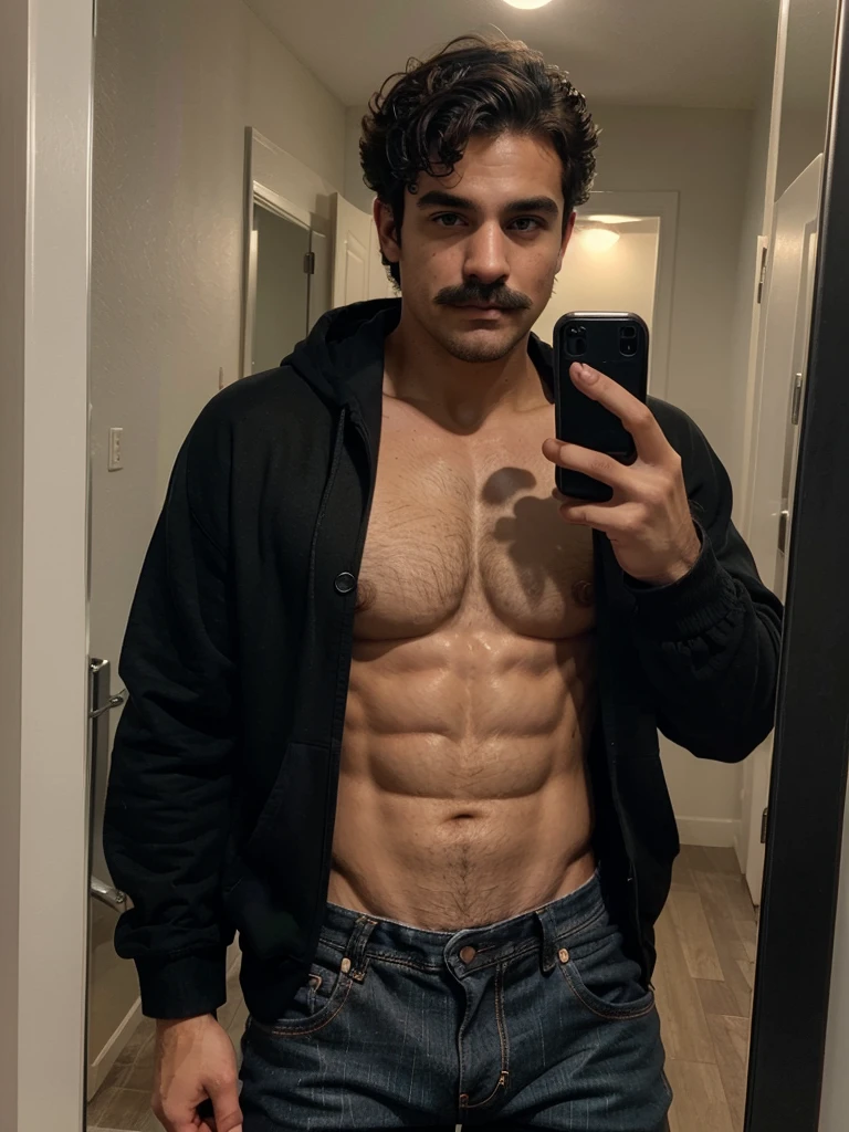 Handsome man , light mustache, hot muscular body , medium curly hair , mirror selfie, best quality like its taken by iPhone 12 , wearing black baggy jeans and black hoodie