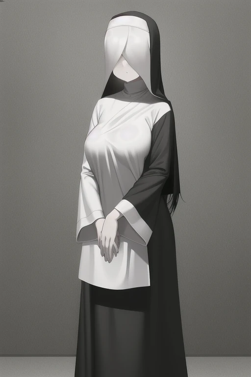 ((masterpiece)), (best quality), (absurdres), black hair, yamamura_sadako, long sleeves, hands covered, long skirt, white nun, (grey skin), hair over eyes, eyes covered, looking at viewer, 