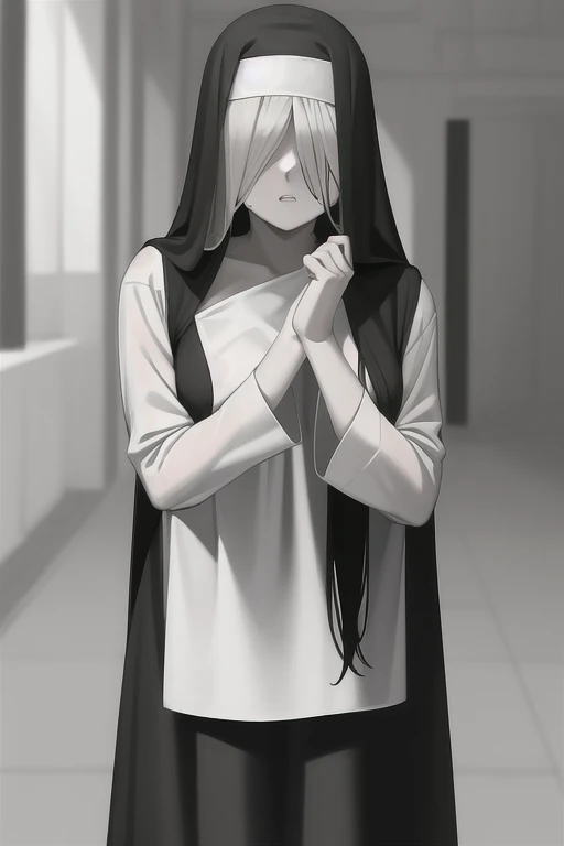 ((masterpiece)), (best quality), (absurdres), black hair, yamamura_sadako, long sleeves, hands covered, long skirt, white nun, (grey skin), hair over eyes, eyes covered, looking at viewer, 