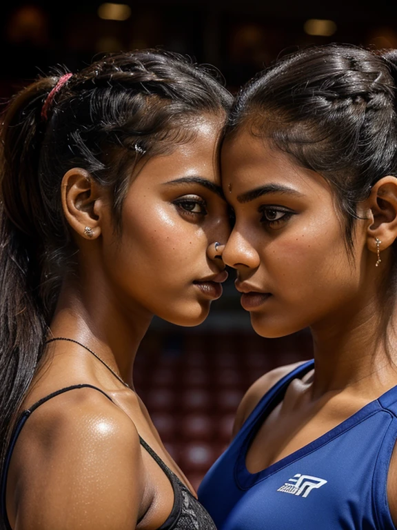 2 Tamil girls, 20 year old, ((intricate detailing of faces, eyes symmetry, face symmetry)), inside athletic open arena, (ponytail hair), sports wear, French kiss, sweating, HDR, hyper realistic, intricate detailing, large breasts, groping, cowboy shot, topless, photography by Arny Freytag