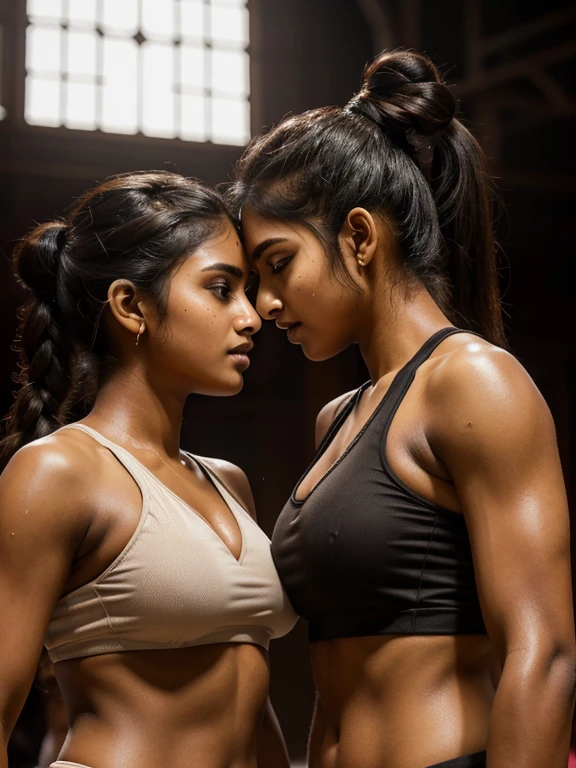 2 Tamil girls, 20 year old, ((intricate detailing of faces, eyes symmetry, face symmetry)), inside athletic open arena, (ponytail hair), sports wear, French kiss, sweating, HDR, hyper realistic, intricate detailing, large breasts, groping, cowboy shot, topless, photography by Arny Freytag