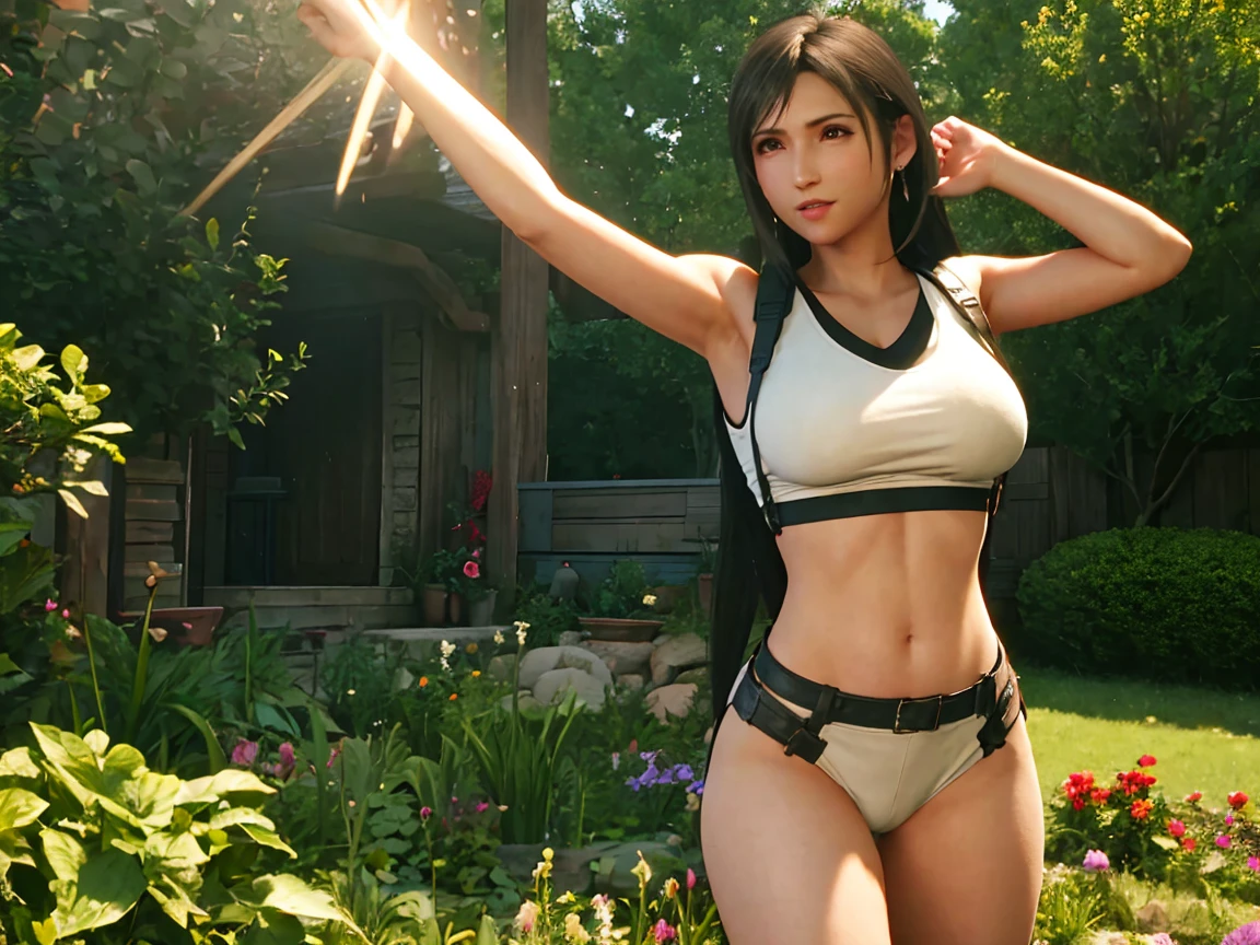 Tifa half naked in a garden, cuerpo entero, pose sensual, culo redondo, big breasts and light brown eyes. 8K, mejor calidad, obra maestra
