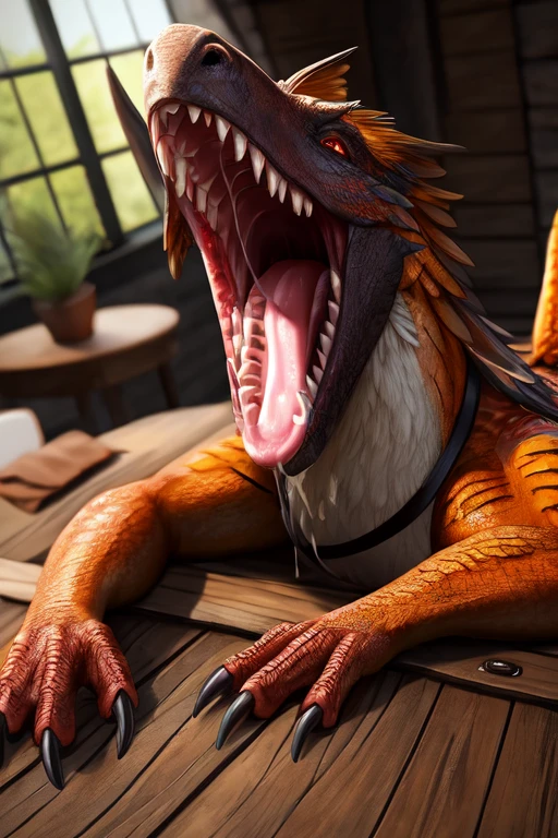 Tiny Dead, feathered wyvern body laying on the table. Wings spread out and Strapped to the table with leather straps. Mouth wide open with no teeth and fangs and tooth, close up. Milk dripping out of mouth splattering onto the table. Milk inside mouth. Photorealistic. Head tied down to the table.