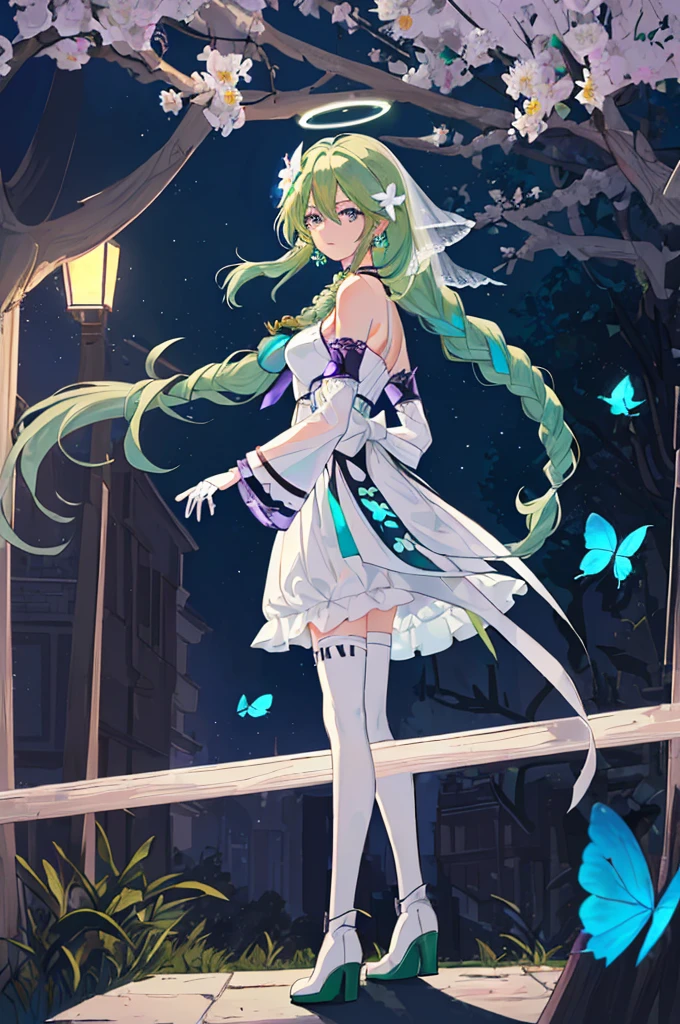 (Masterpiece, Best Quality: 1.4), white Background, Long Hair, Jewelry, Earrings, Necklace, Bride, ((green Hair)), Halo, (Overlook), Dynamic Angle, Ultra Detailed, Illustration, Close Up, Direct Look, 1girl, (Fantasy: 1.4), (Purple Eyes: 1.233), Her Eyes Shine Like Dreamy Stars, (Glow Eyes: 1.233), (Beautiful and Delicate Eyes: 1.1), (green Hair: 1.4), (Messy Hair, Very Long Hair, French braids, hair between the eyes, side hair), (+(white hair flower: 1.14)), (chiffon dress, uniform white flower pattern)/= (military uniform: 1.24), (fingerless gloves), choker, (miko thighhighs), high heeled boots, (expressionless, shut up), (standing), (white flowers, blooming),(Ruins),(Night:1.2),dreamy,Soul,(fluorescent),(Flying Translucent Blue Butterfly:1.15),[Delicate Fingers and Hands:0.55]::0.85], (Finger Detail), (Yubao:0.5),((town background)),((full body)),((turquoise hair)),green hair,((green hair)),night,near the river,Walking in the distance,