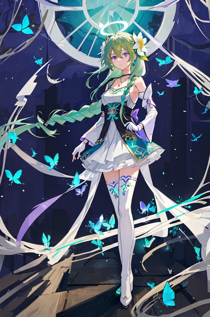 (Masterpiece, Best Quality: 1.4), white Background, Long Hair, Jewelry, Earrings, Necklace, Bride, ((green Hair)), Halo, (Overlook), Dynamic Angle, Ultra Detailed, Illustration, Close Up, Direct Look, 1girl, (Fantasy: 1.4), (Purple Eyes: 1.233), Her Eyes Shine Like Dreamy Stars, (Glow Eyes: 1.233), (Beautiful and Delicate Eyes: 1.1), (green Hair: 1.4), (Messy Hair, Very Long Hair, French braids, hair between the eyes, side hair), (+(white hair flower: 1.14)), (chiffon dress, uniform white flower pattern)/= (military uniform: 1.24), (fingerless gloves), choker, (miko thighhighs), high heeled boots, (expressionless, shut up), (standing), (white flowers, blooming),(Ruins),(Night:1.2),dreamy,Soul,(fluorescent),(Flying Translucent Blue Butterfly:1.15),[Delicate Fingers and Hands:0.55]::0.85], (Finger Detail), (Yubao:0.5),((town background)),((full body)),((turquoise hair)),green hair,((green hair)),night,near the river,Walking in the distance,